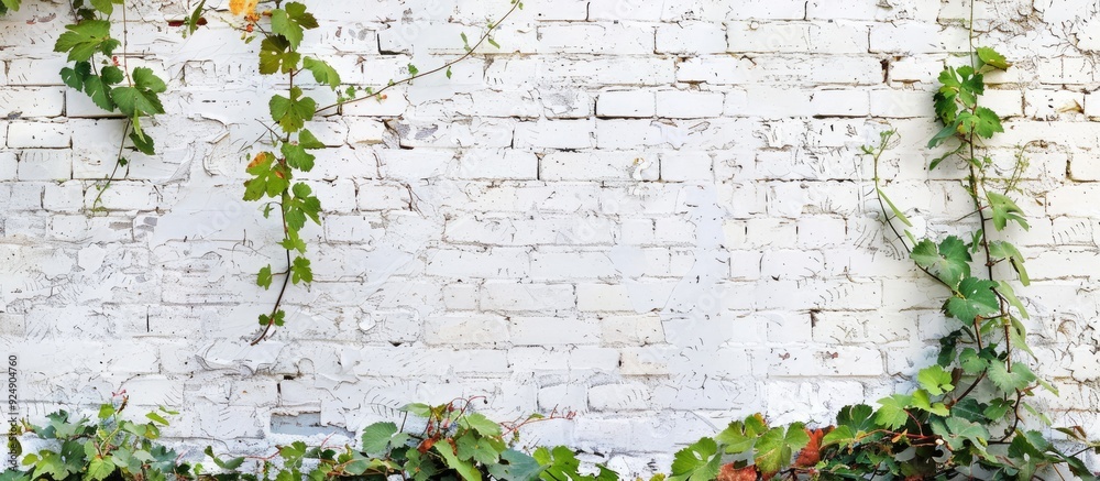Aufkleber old white brick wall adorned with a natural floral border and wild grape vines suitable for a copy s