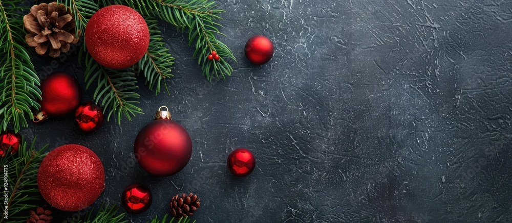 Aufkleber red christmas balls green fir twig on dark gray backdrop suitable for cards with blank space for ima
