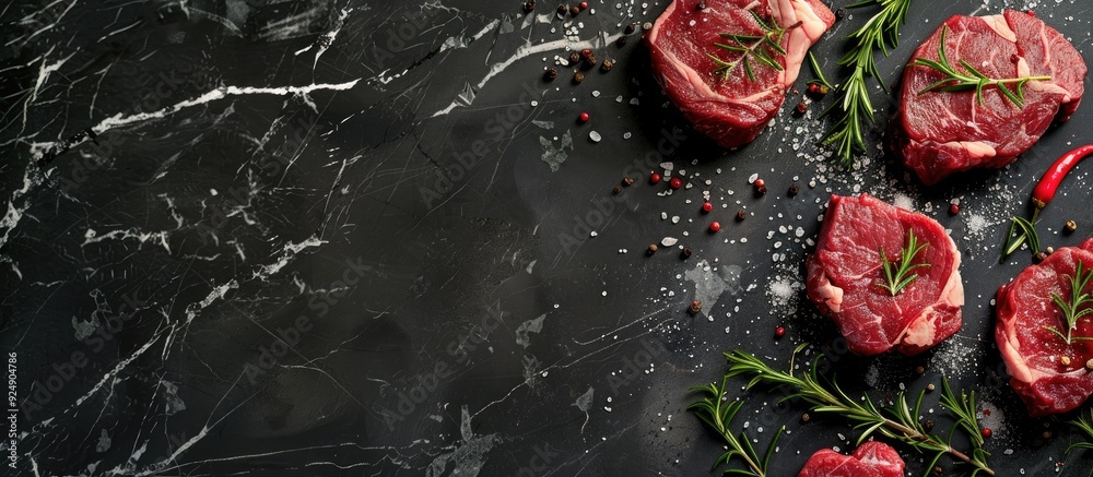 Aufkleber copy space image of raw beef steaks with rosemary dried cayenne peppers and scattered salt on a blac