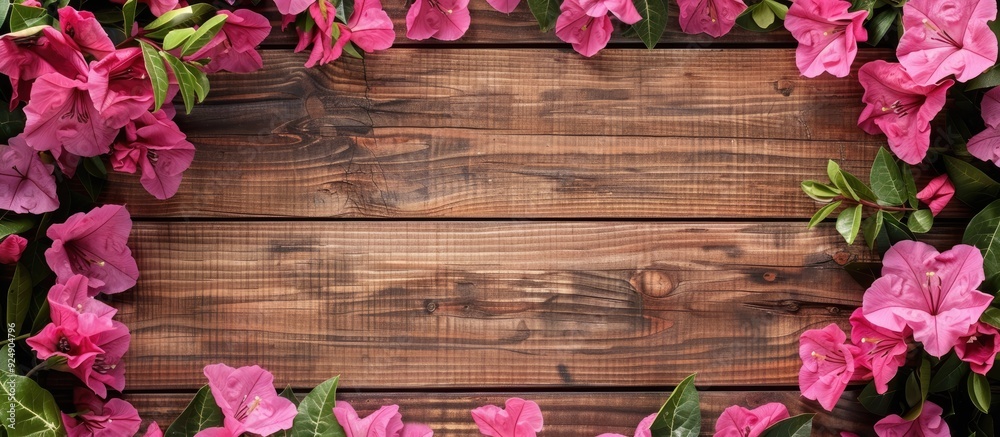 Poster wooden background with a border of vibrant pink flowers creating a beautiful frame around a copy spa