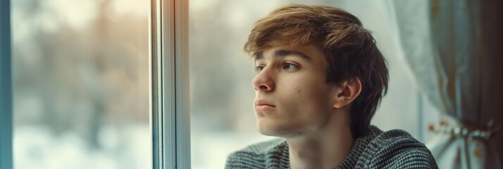 A young man with a thoughtful expression gazes out of a window on a cold day, reflecting introspection and contemplation.