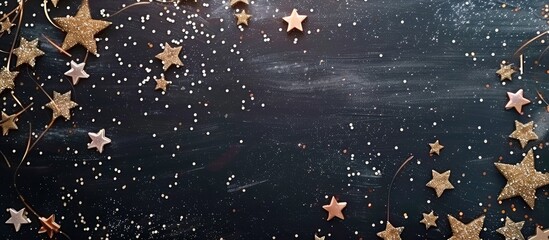 A festive wintery background adorned with stars and sparkles on a blackboard perfect for New Year party ideas top view flat lay with a mockup for a copy space image