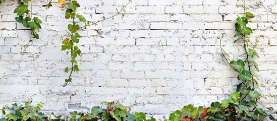 Old white brick wall adorned with a natural floral border and wild grape vines Suitable for a copy...