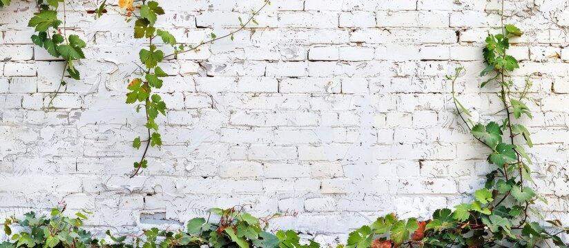 Old white brick wall adorned with a natural floral border and wild grape vines Suitable for a copy space image