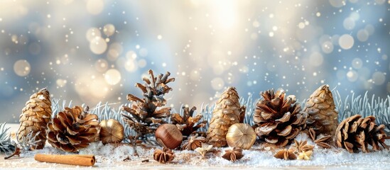 Festive greeting Background for New Year with cones nuts and cinnamon perfect for copy space image