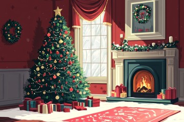 A beautifully decorated Christmas tree stands tall in a warm and inviting living room, complete with a crackling fireplace. The perfect holiday atmosphere is set with this festive illustration.