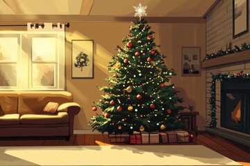 A beautifully decorated Christmas tree stands tall in a warm and cozy living room, topped with a sparkling 2025 tree topper. The room is filled with festive decorations and soft lighting.