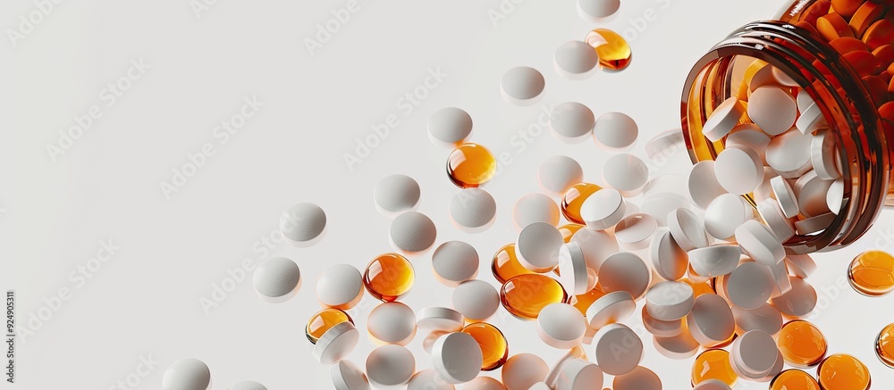 Poster pills overflowing from a bottle onto a white surface with room for a copy space image