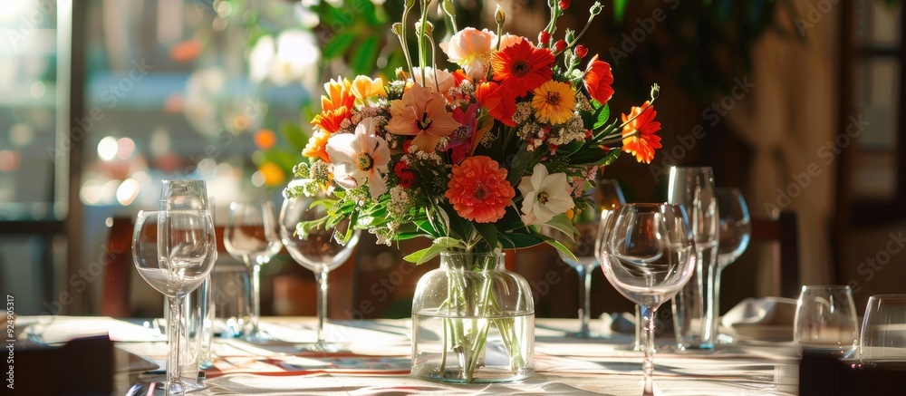 Poster indoor table setting with a stunning bouquet of flowers in a vase offering an ideal copy space image