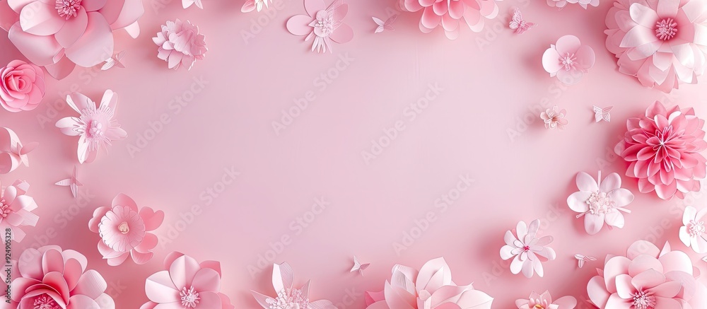 Poster frame made of adorable pink paper flowers with ample copy space image