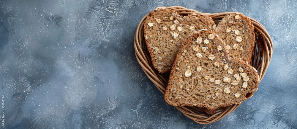Poster Heart shaped basket with organic wholemeal bread slices incorporating oats and flax seeds for a healthy diet captured from above and including space for text in the image. Creative banner