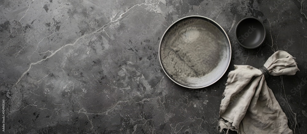 Leinwandbilder gray stone table with a blank plate on a napkin offering ample copy space for customization