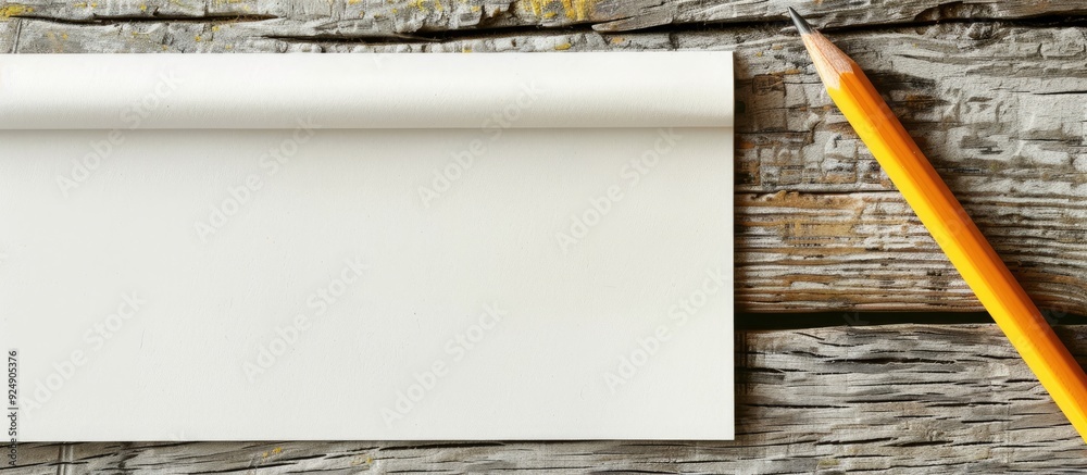 Poster wooden table with pencil on blank notepaper offering copy space image