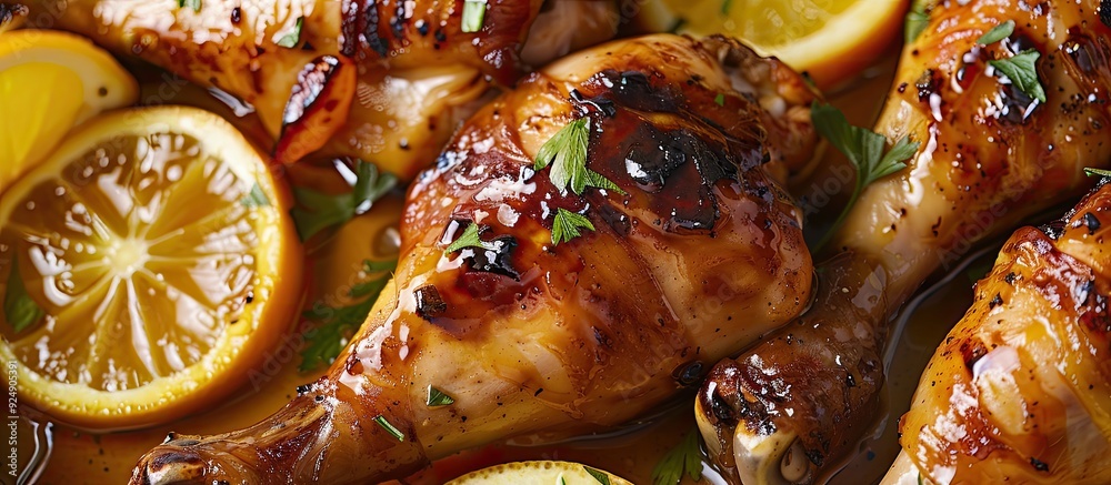Poster honey glazed chicken legs served with oranges shown in a copy space image
