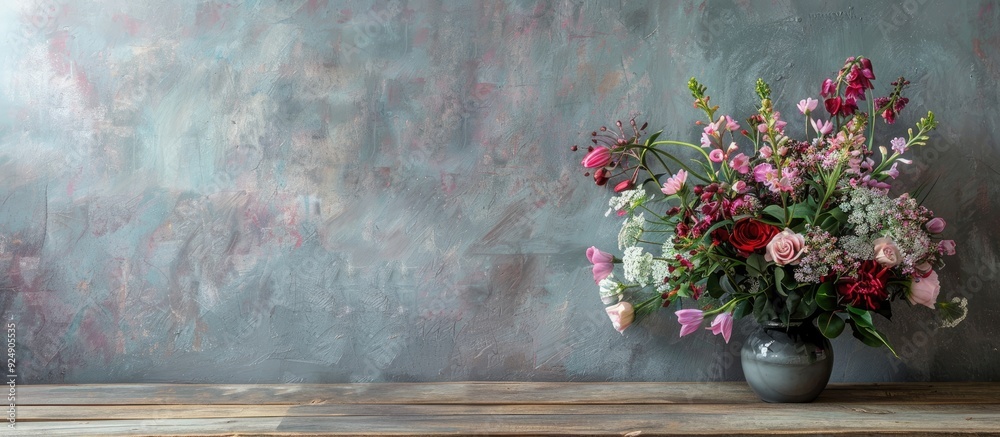 Poster Lovely arrangement of fresh flowers displayed on a wooden table against a grey wall with a designated space for inserting text like a copy space image