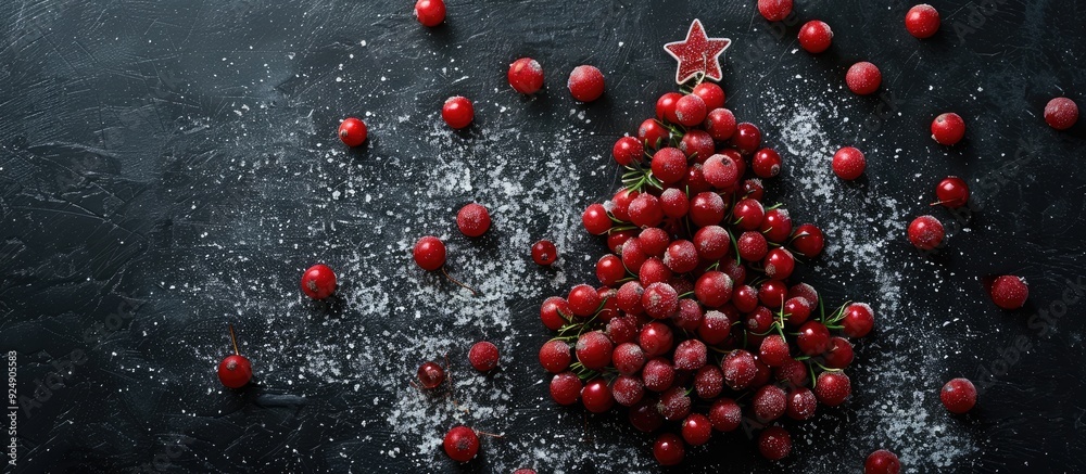 Poster a festive christmas tree symbol made of frozen red berries set against a black backdrop ideal for co