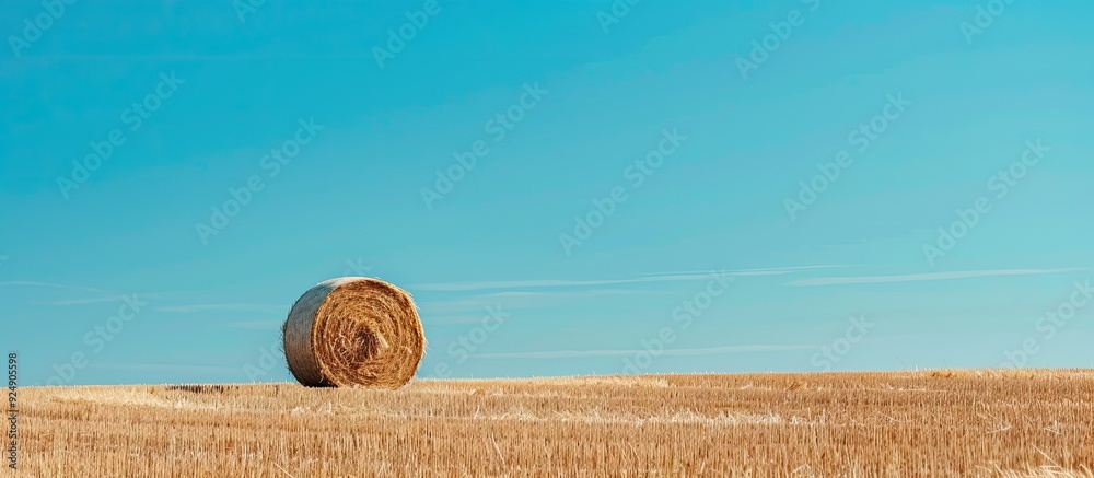 Poster field with hay bales set against a backdrop of clear blue sky offering ample copy space image