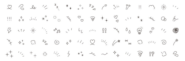 手書き風の飾りイラストのベクターイラストセット。手描き、集中線、注目、星、ハート、キラキラ