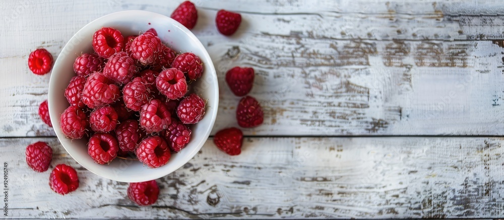 Fototapete fresh red raspberries displayed in a white bowl on a light rustic wood backdrop in a top view image 