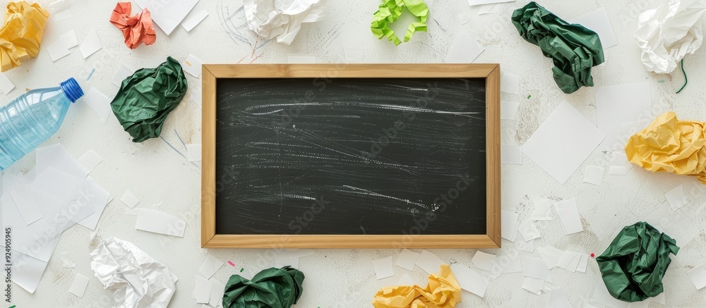 Poster recycling concept with a used plastic bottle frame crumpled paper and blackboard on a white backgrou