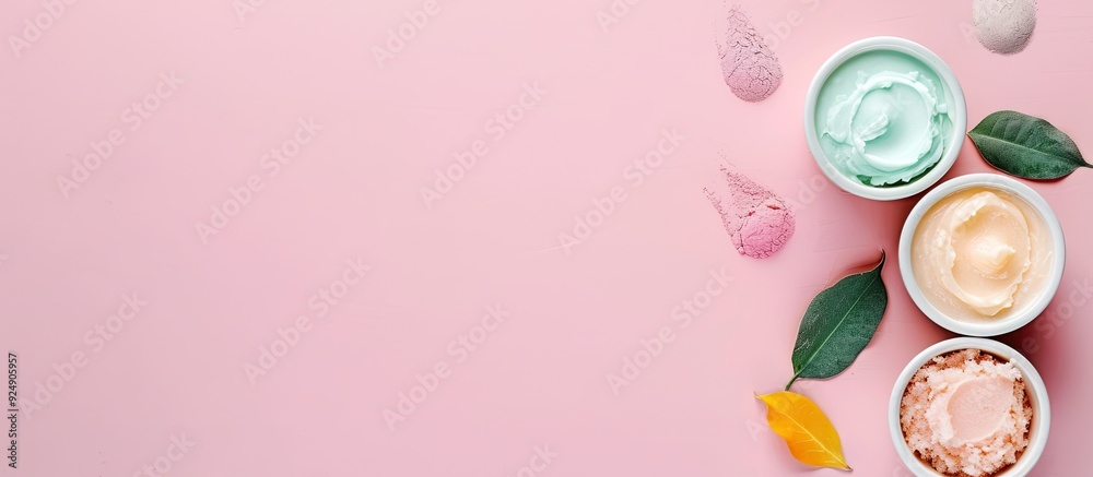 Poster natural body scrub face cream and skin clay mask in cosmetic containers arranged on a pink backgroun