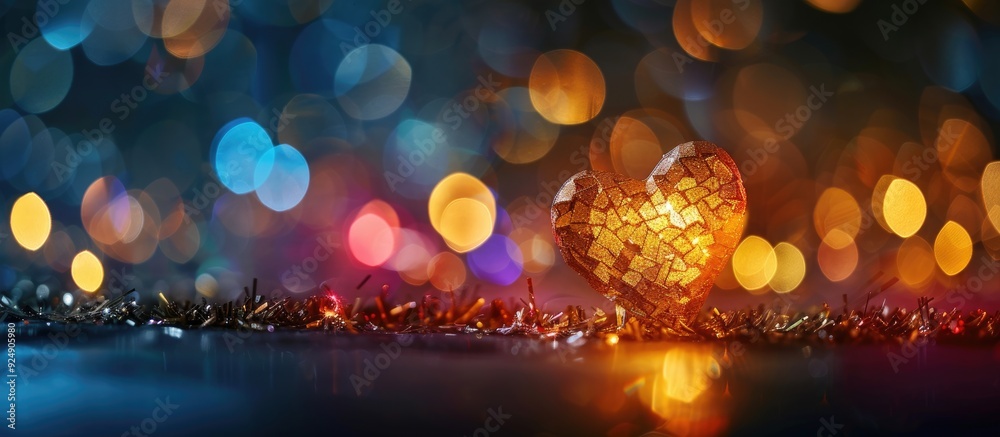 Poster heart shaped yellow gold on black background with colorful lighting bokeh ideal for evening decorati