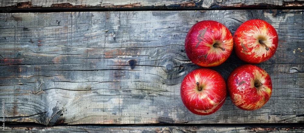 Poster Three apples displayed on a weathered wooden surface with copy space image