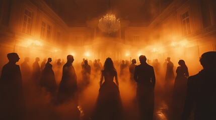 A vintage Halloween party with masked dancers in an old mansion. Capturing the elegance and mystery of the night, Copy space for text, No logo, No Trademark, No text