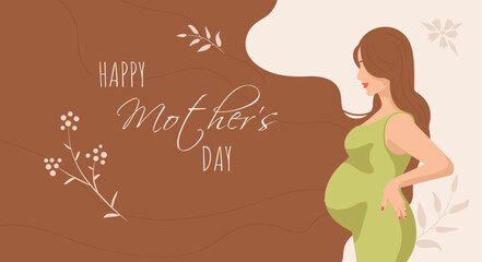 Happy mother's day greeting card with brunett pregnant girl in green dress and long hair flat illustraation for wallpapers, banners, posters, cards