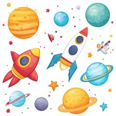 Cute cartoon space objects, rocket, planets, stars, astronaut, clipart, white background, high quality--ar 1:1