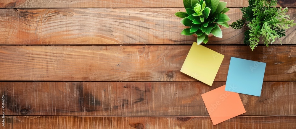 Poster Mockup four sticky notes on a textured wooden desk background with room for a copy space image