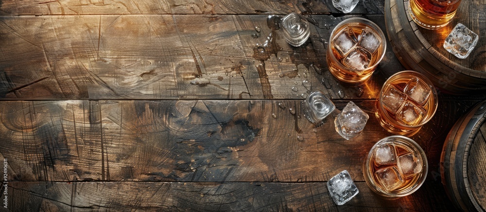 Poster wooden barrel backdrop with glasses whiskey bottle and ice ideal for text placement copy space image