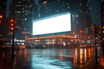 Blank Billboard in a City Street at Night