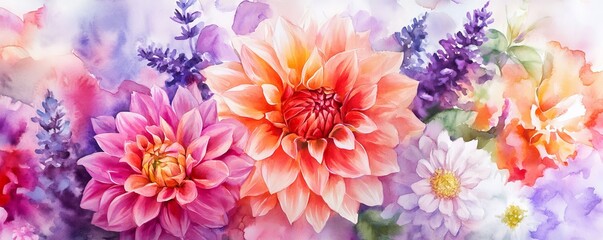 Watercolor painting showing vibrant dahlias and lavender flowers blooming