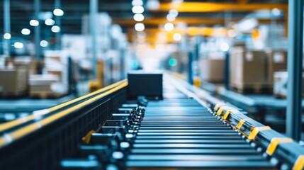 A conveyor belt in a modern warehouse, showcasing industrial automation and efficient logistics with boxes in the background.