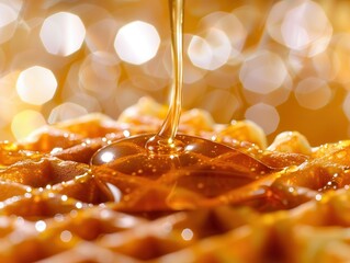 Waffles Delight: Pouring Honey on Fresh Sweet Morning Treat