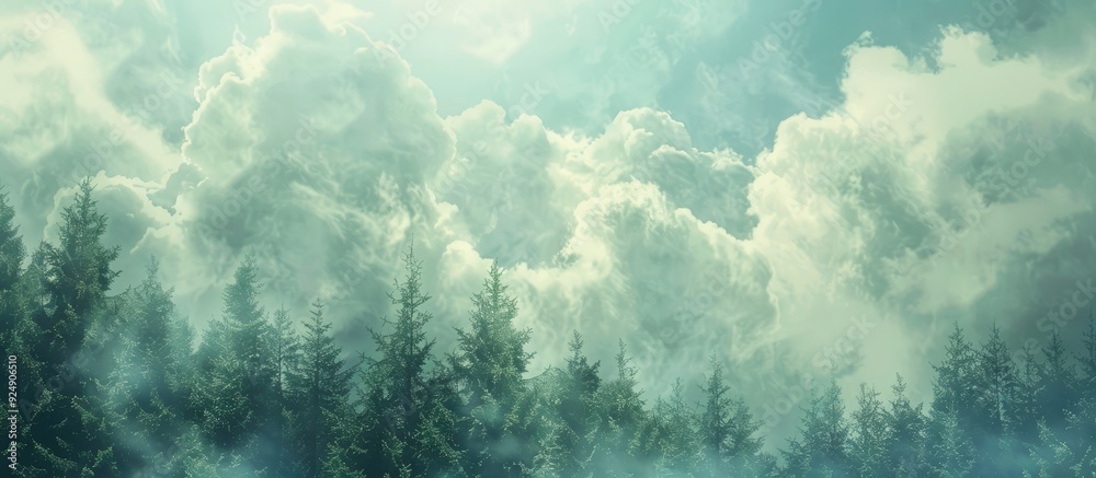 Poster forest depicted in the sky with fluffy clouds providing copy space image