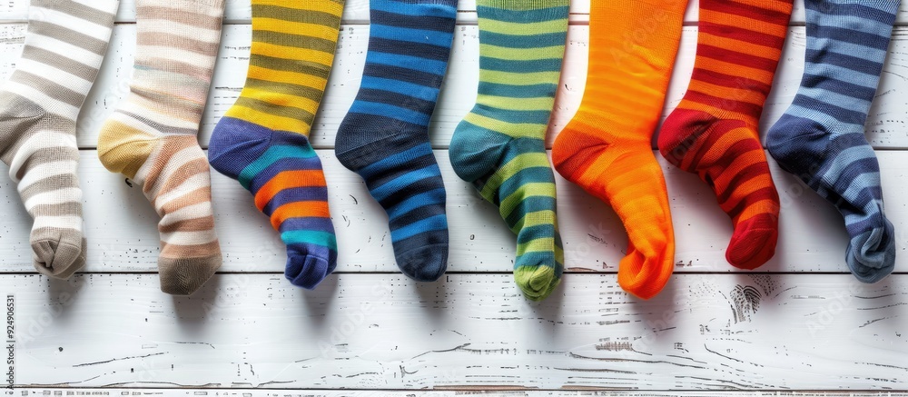 Poster striped socks displayed on a white wooden table with copy space image