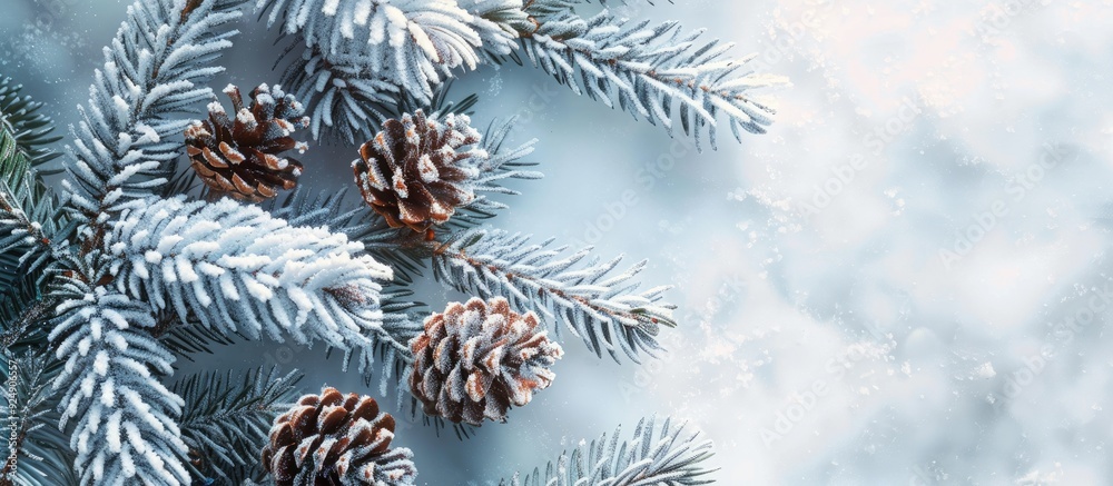 Leinwandbilder top down view of snow covered branch christmas tree and spruce cones placed elegantly creating a fes
