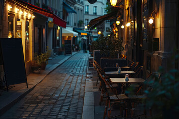 Fototapeta premium Blank menu board in a wooden frame near cafe tables against the background of beautiful European street at sunset. Black chalk board for advertising a restaurant, cafe, bar. Mockup