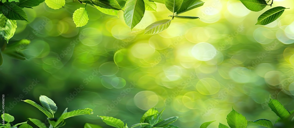Poster A stunning nature scene with lush green leaves on a blurred green background providing a serene backdrop with copy space for an image of natural greenery