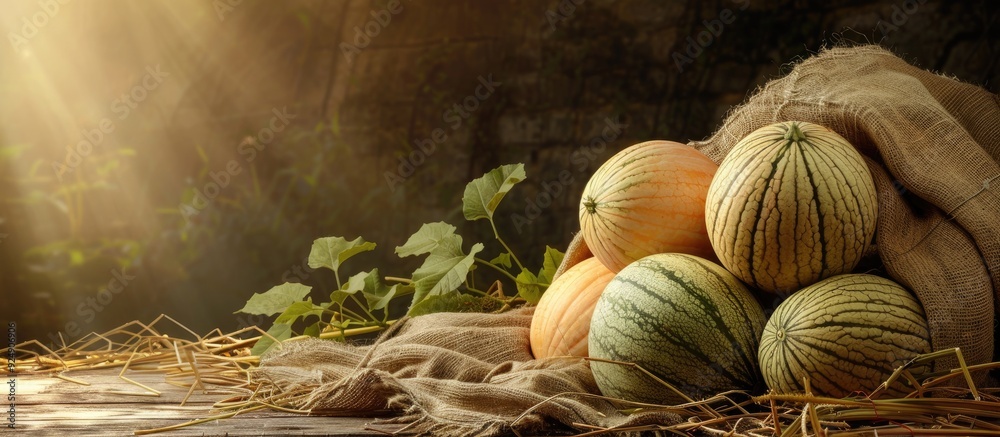 Poster A range of melons displayed in a rustic sack with a blank area for adding text or images. Creative banner. Copyspace image