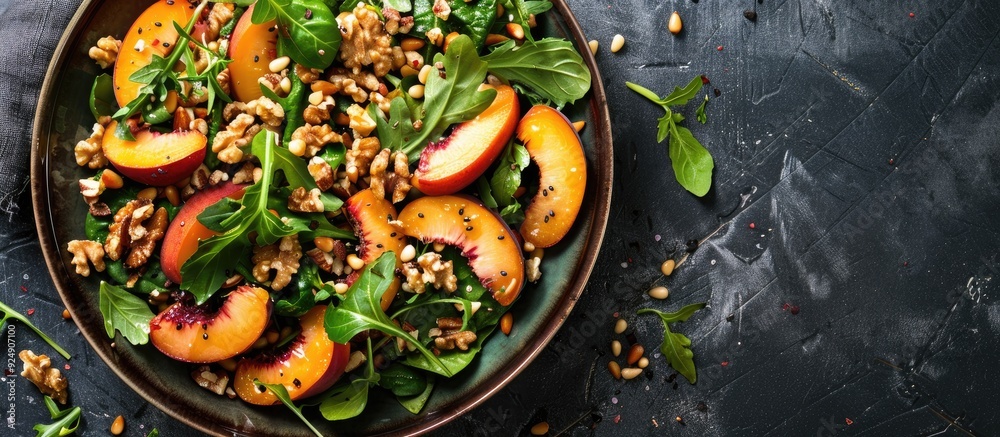 Poster fresh greens topped with peaches roasted walnuts and pine nuts in a colorful dish with copy space im