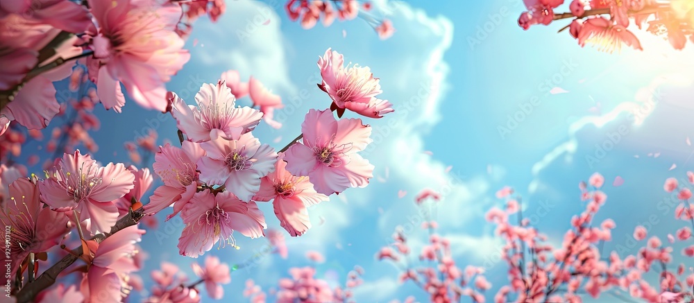 Aufkleber gorgeous cherry blossom blooms on sakura tree against a blue sky backdrop with room for text in a cl