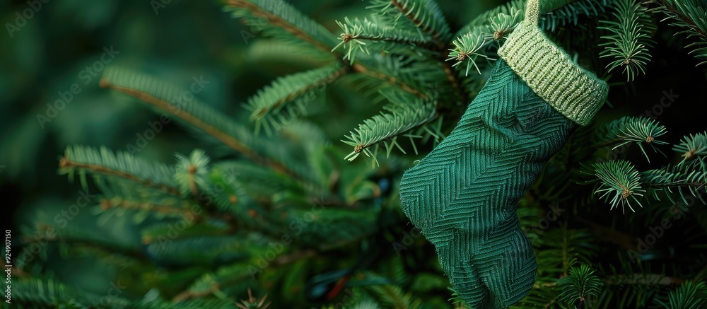 Fototapete stocking hung on a fir tree with copy space image
