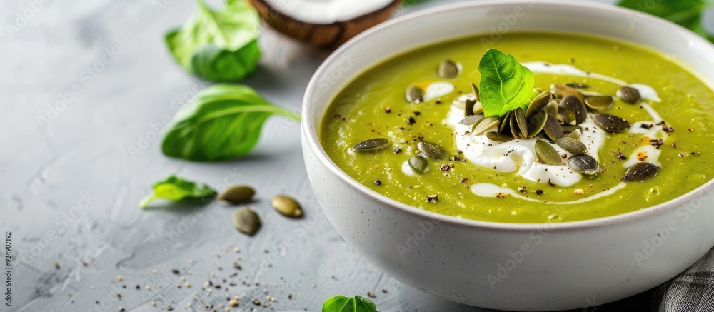Poster vegan broccoli cream soup garnished with coconut cream and pumpkin seeds served in a white bowl emph