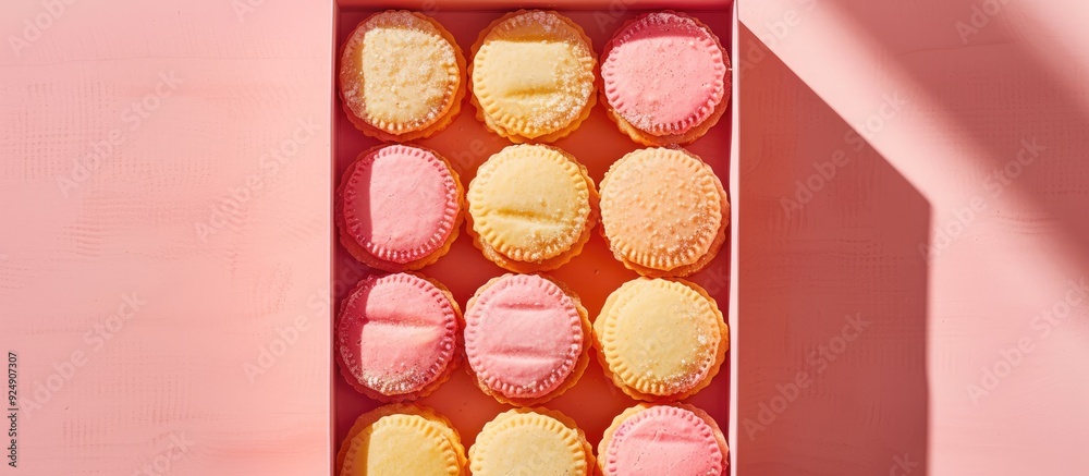 Aufkleber a row of pastel pink and yellow almond cookies in a gift box captured in a close up top view on a br