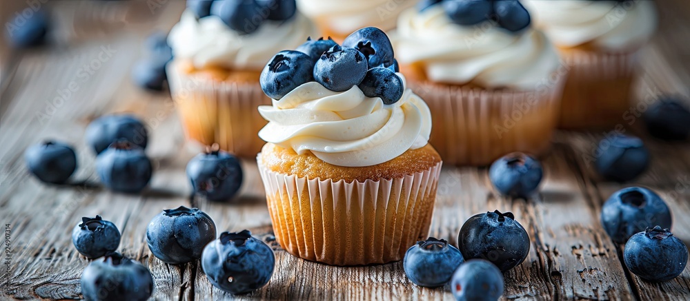 Poster Fresh cupcakes topped with ripe blueberries displayed on a rustic wooden surface with room for text in the image. Creative banner. Copyspace image