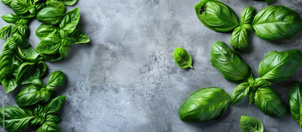 Poster fresh basil leaves arranged on a background with copy space image