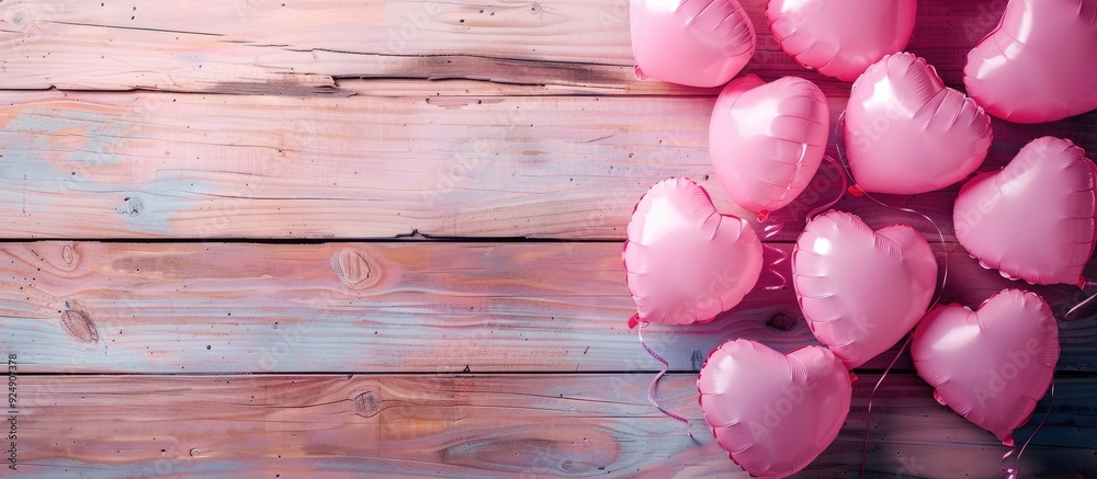Aufkleber Heart shaped pink balloons on a wooden surface for display featuring copy space image